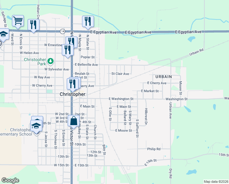 map of restaurants, bars, coffee shops, grocery stores, and more near 501-599 East Washington Street in Christopher