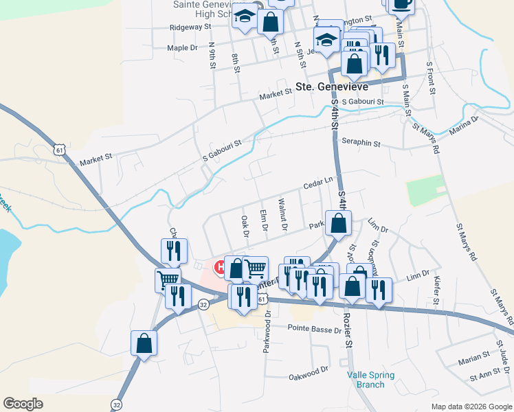 map of restaurants, bars, coffee shops, grocery stores, and more near 410 Oak Drive in Ste. Genevieve