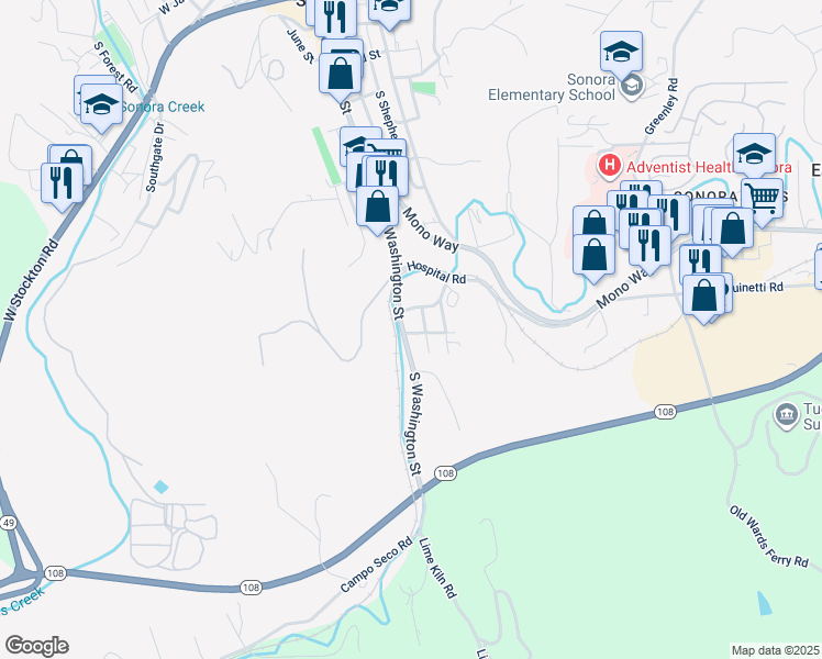 map of restaurants, bars, coffee shops, grocery stores, and more near 1130 S Washington St in Sonora