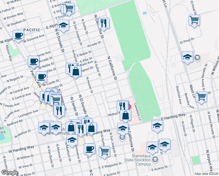 map of restaurants, bars, coffee shops, grocery stores, and more near 410 East Wyandotte Street in Stockton
