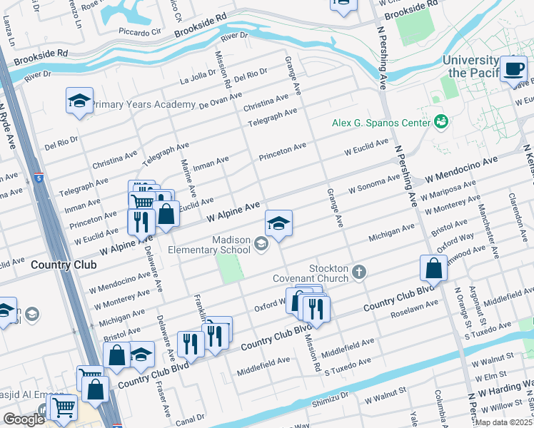 map of restaurants, bars, coffee shops, grocery stores, and more near in Stockton