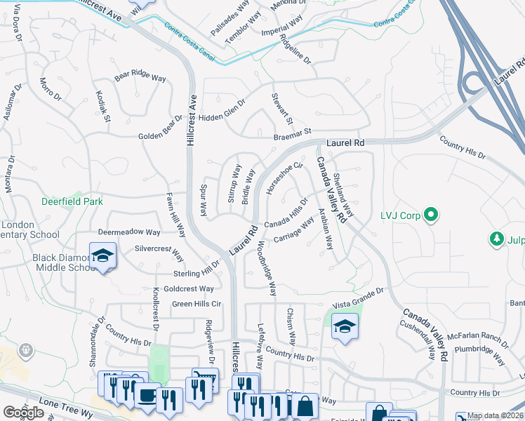 map of restaurants, bars, coffee shops, grocery stores, and more near 4504 Horseshoe Circle in Antioch