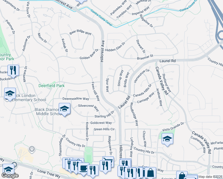 map of restaurants, bars, coffee shops, grocery stores, and more near 5012 Canada Hills Way in Antioch