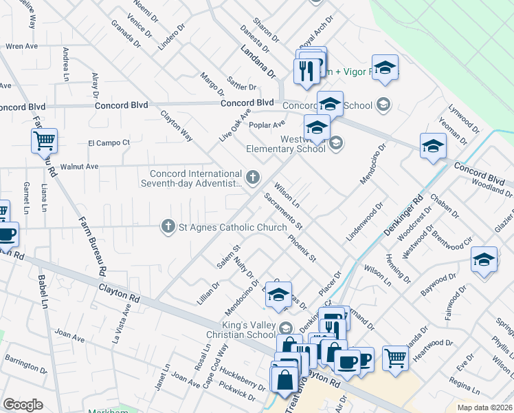 map of restaurants, bars, coffee shops, grocery stores, and more near 4000 Earhart Drive in Concord