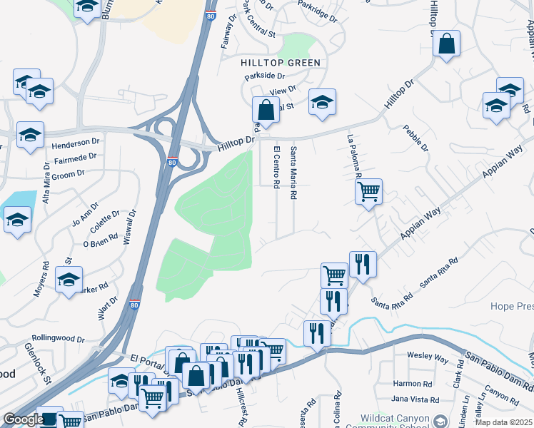 map of restaurants, bars, coffee shops, grocery stores, and more near 625 El Centro Road in El Sobrante