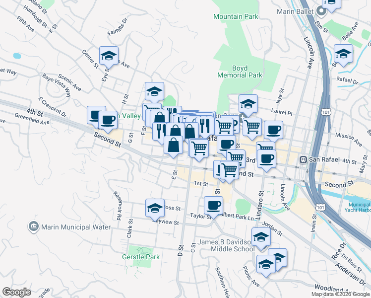 map of restaurants, bars, coffee shops, grocery stores, and more near 820 East Street in San Rafael