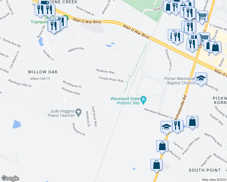 map of restaurants, bars, coffee shops, grocery stores, and more near 370 Waveland Museum Lane in Lexington
