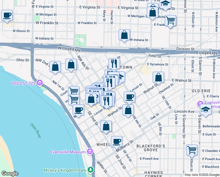 map of restaurants, bars, coffee shops, grocery stores, and more near 7 Northwest 5th Street in Evansville