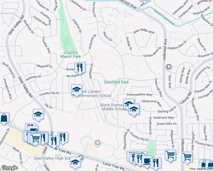 map of restaurants, bars, coffee shops, grocery stores, and more near 4411 Caribou Court in Antioch