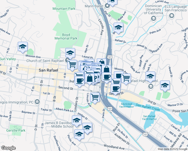 map of restaurants, bars, coffee shops, grocery stores, and more near 930 Tamalpais Avenue in San Rafael