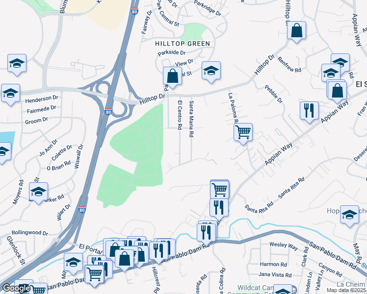 map of restaurants, bars, coffee shops, grocery stores, and more near 625 Santa Maria Road in El Sobrante
