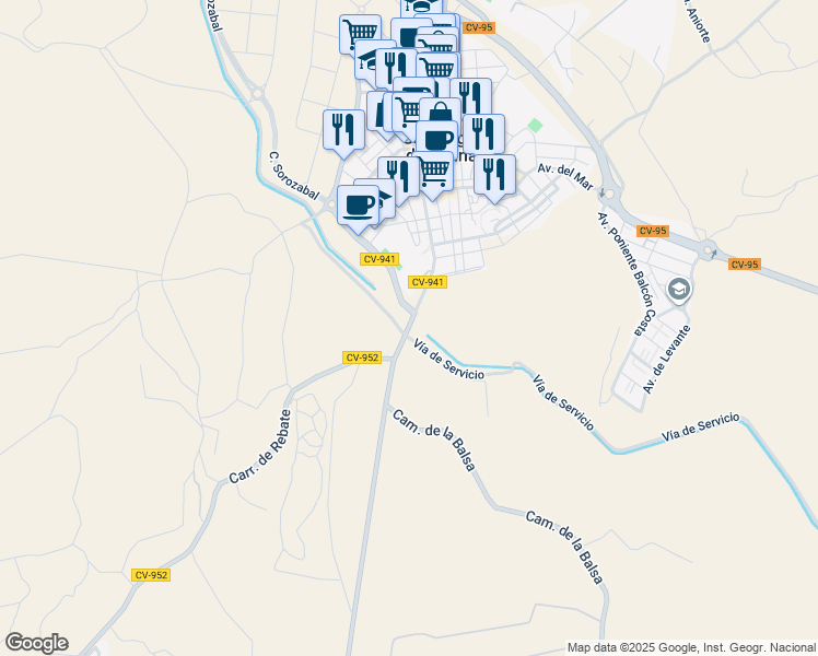 map of restaurants, bars, coffee shops, grocery stores, and more near in San Miguel de Salinas