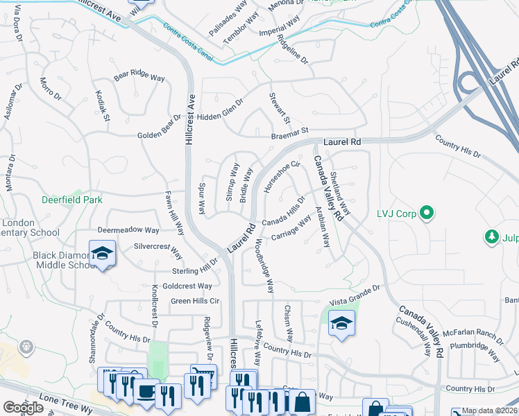 map of restaurants, bars, coffee shops, grocery stores, and more near 4504 Horseshoe Circle in Antioch