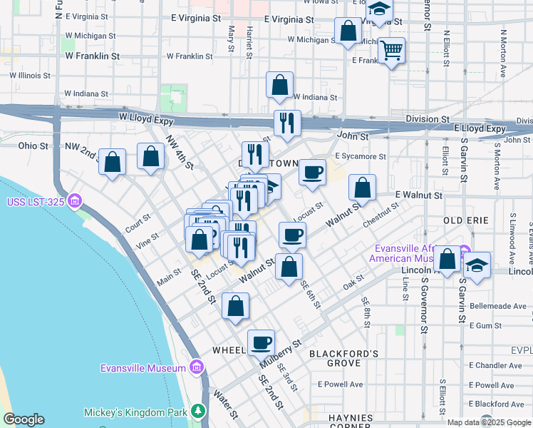 map of restaurants, bars, coffee shops, grocery stores, and more near 610 Main Street in Evansville