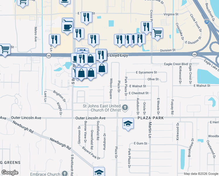 map of restaurants, bars, coffee shops, grocery stores, and more near 401 Wilson Square in Evansville