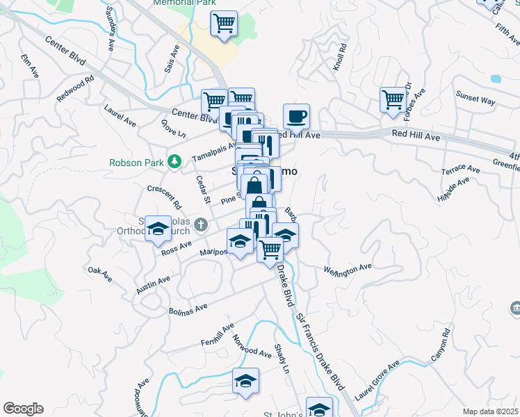 map of restaurants, bars, coffee shops, grocery stores, and more near 5 Ross Avenue in San Anselmo