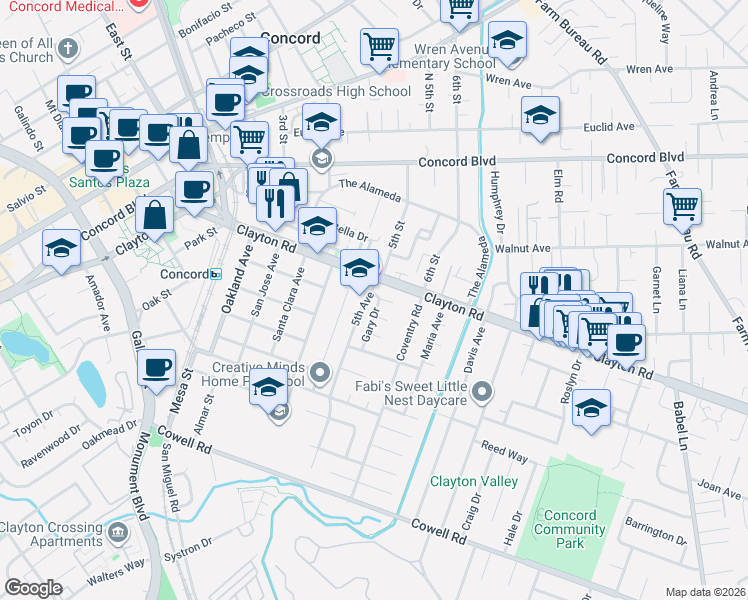 map of restaurants, bars, coffee shops, grocery stores, and more near 3113 Lonee Court in Concord