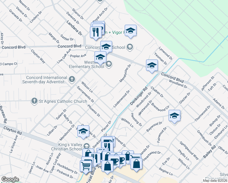 map of restaurants, bars, coffee shops, grocery stores, and more near 1682 Mendocino Drive in Concord