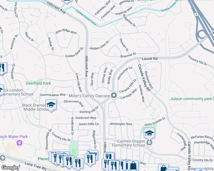 map of restaurants, bars, coffee shops, grocery stores, and more near 5024 Bridle Way in Antioch