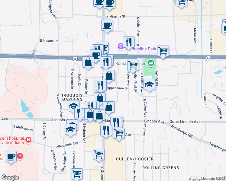 map of restaurants, bars, coffee shops, grocery stores, and more near 412 S Green River Rd in Evansville