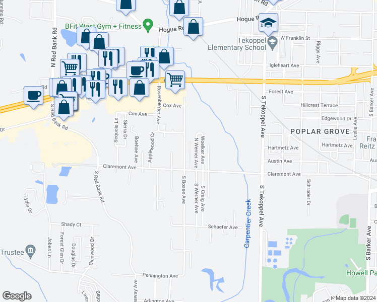 map of restaurants, bars, coffee shops, grocery stores, and more near 360 South Bosse Avenue in Evansville
