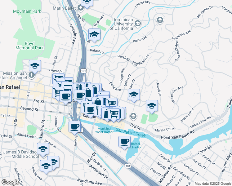 map of restaurants, bars, coffee shops, grocery stores, and more near 326 Mission Avenue in San Rafael