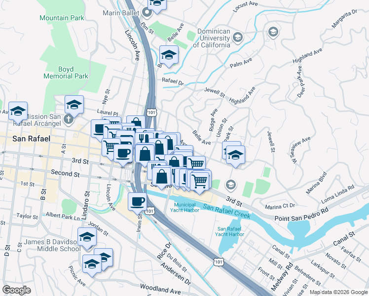 map of restaurants, bars, coffee shops, grocery stores, and more near 415 Mission Avenue in San Rafael