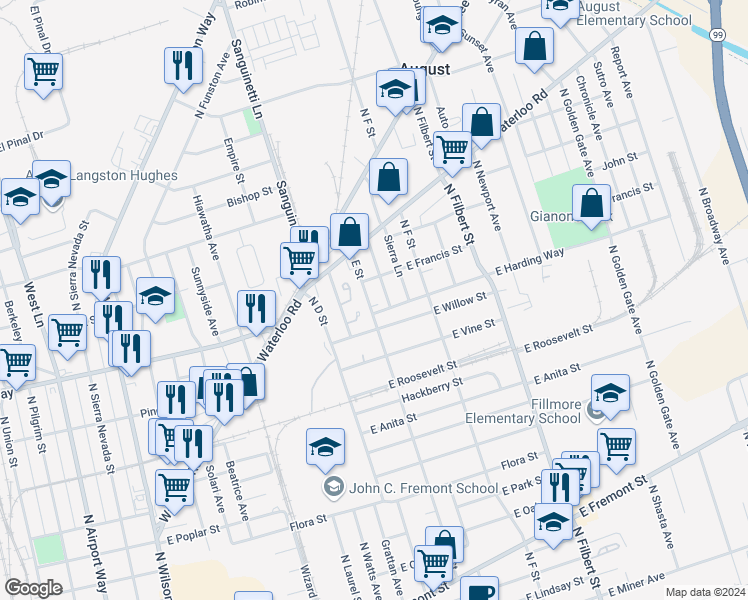 map of restaurants, bars, coffee shops, grocery stores, and more near 1320 E Street in Stockton