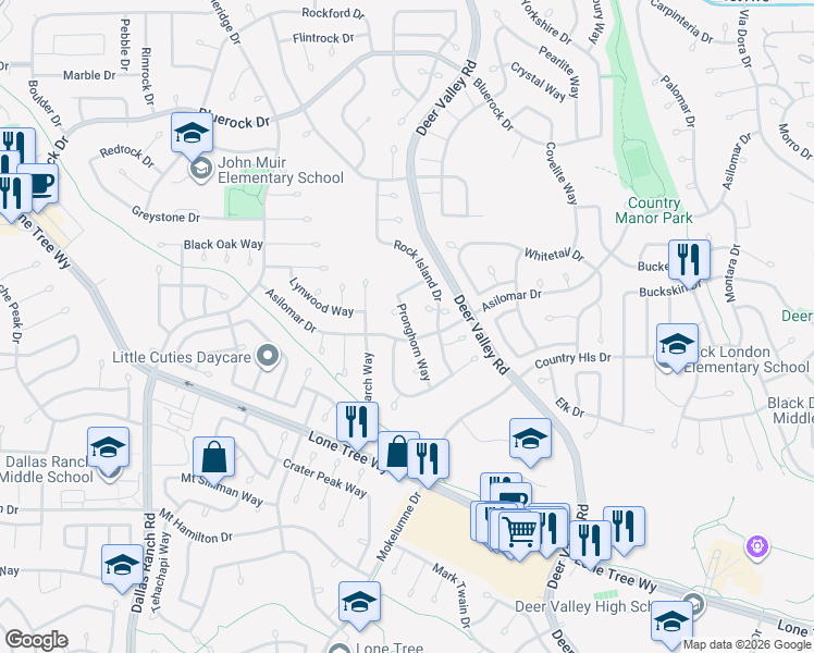 map of restaurants, bars, coffee shops, grocery stores, and more near 2225 Asilomar Drive in Antioch