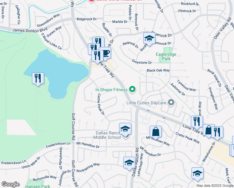 map of restaurants, bars, coffee shops, grocery stores, and more near 4736 Crestone Needle Way in Antioch