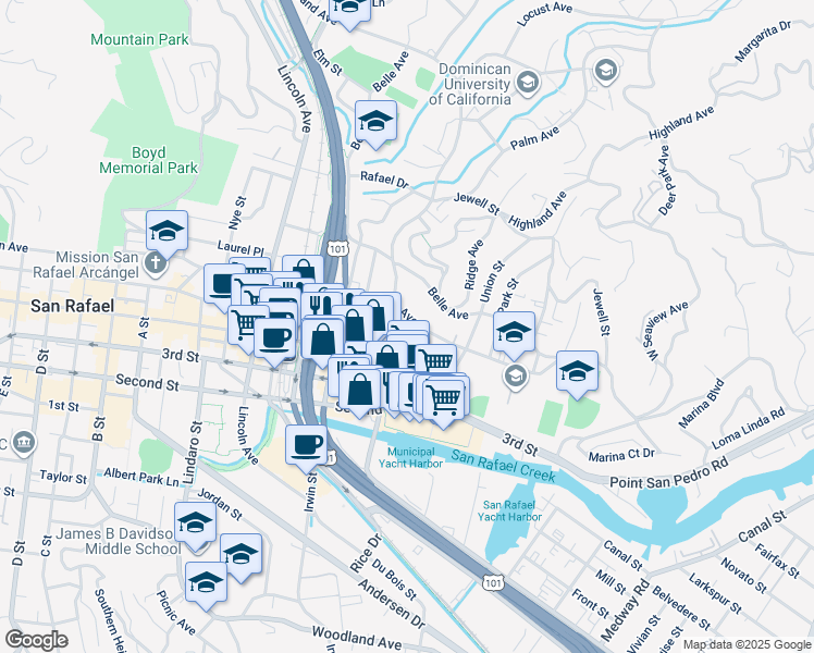 map of restaurants, bars, coffee shops, grocery stores, and more near 1016 Grand Avenue in San Rafael