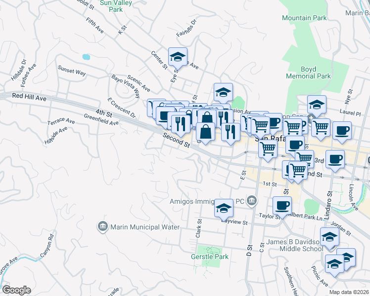 map of restaurants, bars, coffee shops, grocery stores, and more near 15 Jessup Street in San Rafael