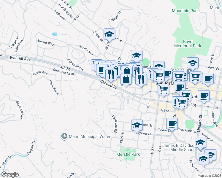 map of restaurants, bars, coffee shops, grocery stores, and more near 15 Jessup Street in San Rafael