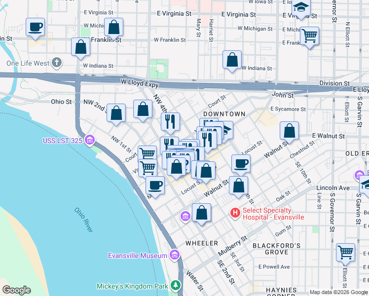 map of restaurants, bars, coffee shops, grocery stores, and more near 101 Northwest 4th Street in Evansville
