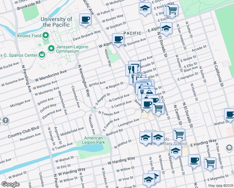 map of restaurants, bars, coffee shops, grocery stores, and more near 612 South Regent Street in Stockton