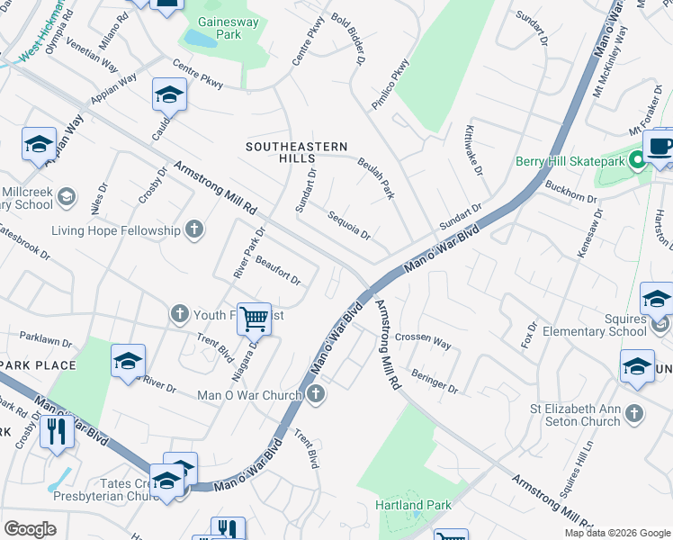 map of restaurants, bars, coffee shops, grocery stores, and more near 3615 Keystone Court in Lexington