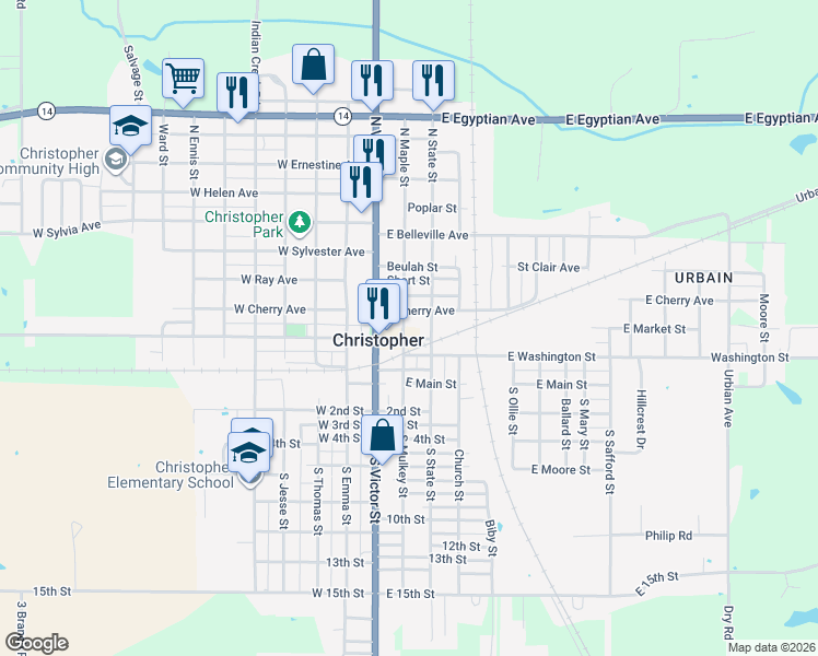 map of restaurants, bars, coffee shops, grocery stores, and more near 200-286 East Market Street in Christopher