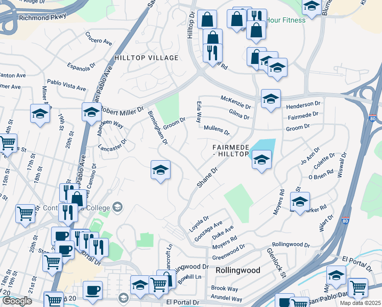 map of restaurants, bars, coffee shops, grocery stores, and more near 2958 Birmingham Drive in Richmond