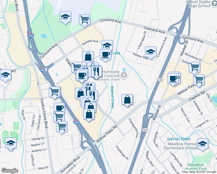 map of restaurants, bars, coffee shops, grocery stores, and more near Iron Horse Regional Trail in Concord