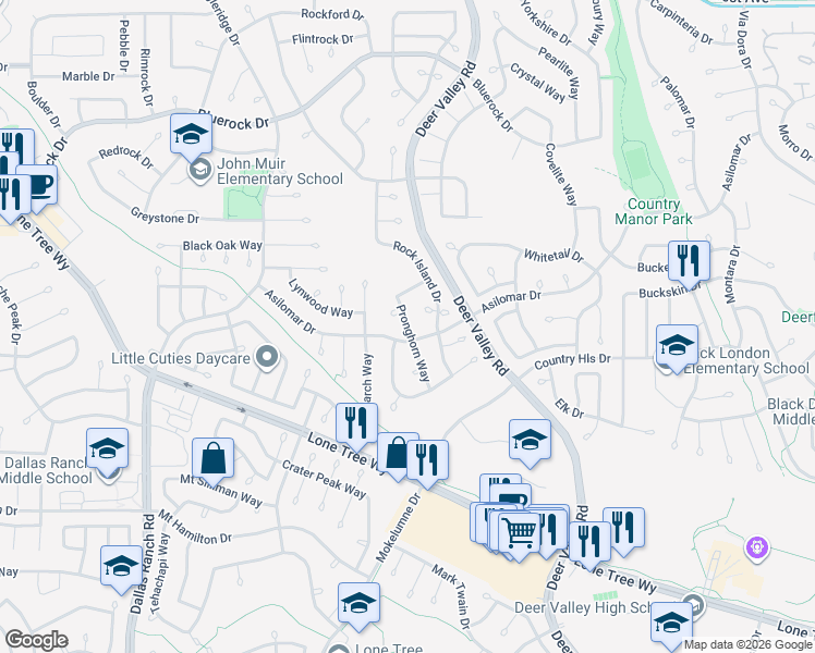 map of restaurants, bars, coffee shops, grocery stores, and more near 2225 Asilomar Drive in Antioch