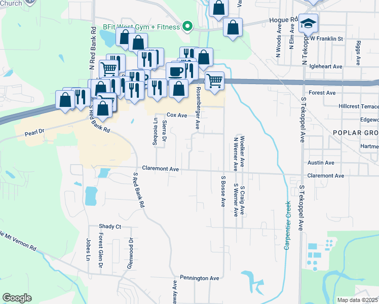 map of restaurants, bars, coffee shops, grocery stores, and more near 401 Applewood Court in Evansville