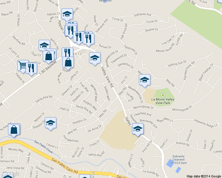 map of restaurants, bars, coffee shops, grocery stores, and more near 4520 Valley View Road in Richmond