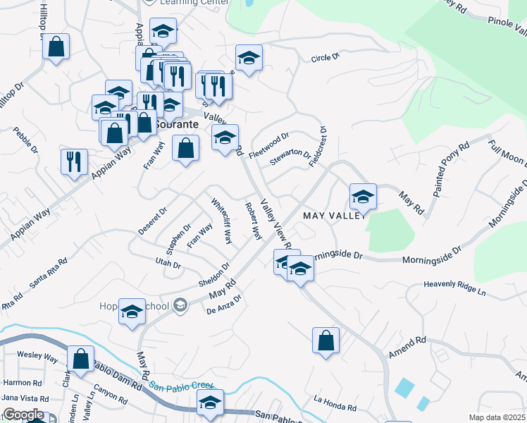 map of restaurants, bars, coffee shops, grocery stores, and more near 4520 Valley View Road in Richmond