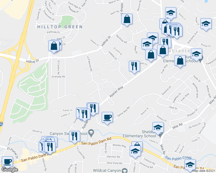map of restaurants, bars, coffee shops, grocery stores, and more near 4535 Appian Way in El Sobrante