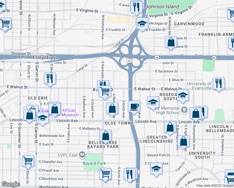 map of restaurants, bars, coffee shops, grocery stores, and more near 424 South New York Avenue in Evansville
