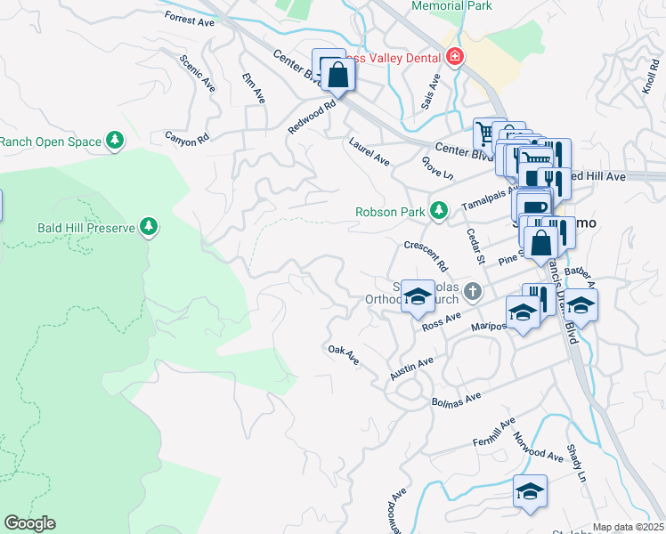 map of restaurants, bars, coffee shops, grocery stores, and more near 600 Redwood Road in San Anselmo