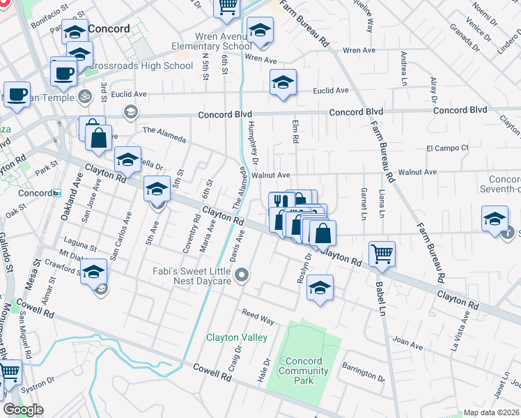 map of restaurants, bars, coffee shops, grocery stores, and more near 1515 Grove Way in Concord