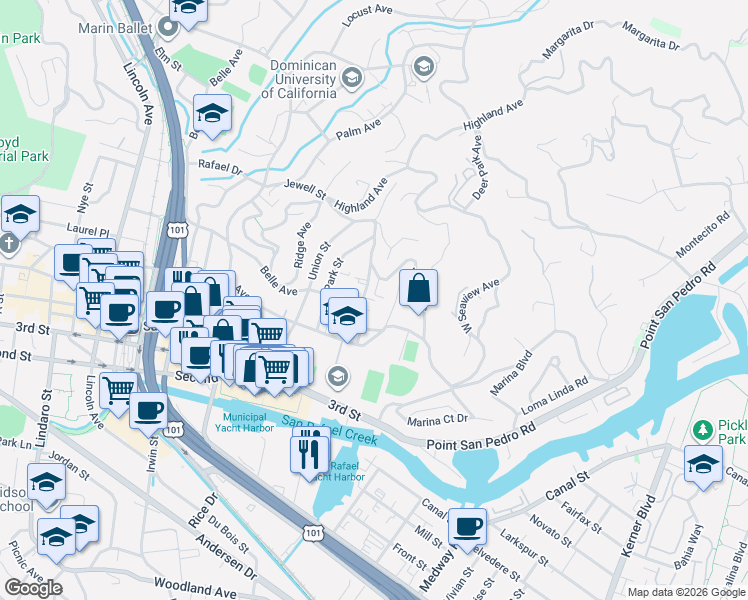map of restaurants, bars, coffee shops, grocery stores, and more near 6 Valencia Avenue in San Rafael