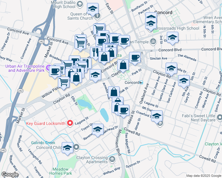 map of restaurants, bars, coffee shops, grocery stores, and more near 1555 Galindo Street in Concord