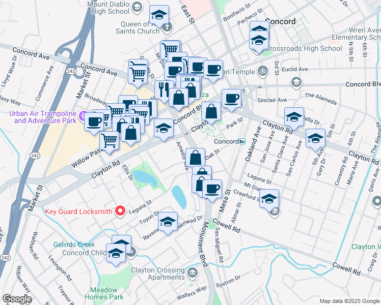 map of restaurants, bars, coffee shops, grocery stores, and more near 1555 Galindo Street in Concord